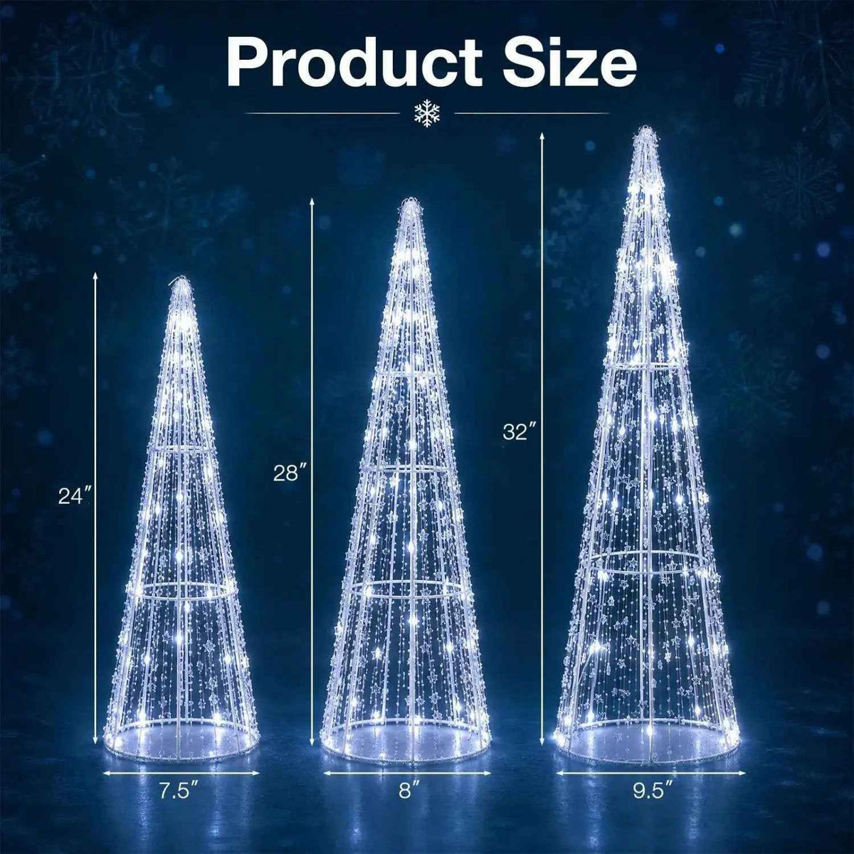 Pre-Lit Christmas Cone Trees Set of 3 with Cold White Lights