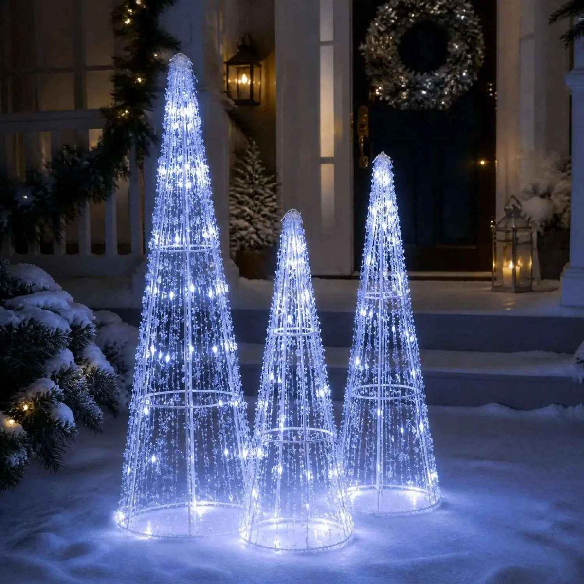Pre-Lit Christmas Cone Trees Set of 3 with Cold White Lights