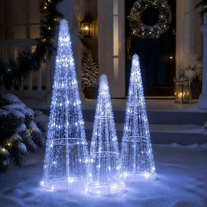 Pre-Lit Christmas Cone Trees Set of 3 with Cold White Lights