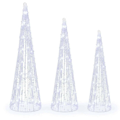Pre-Lit Christmas Cone Trees Set of 3 with Cold White Lights