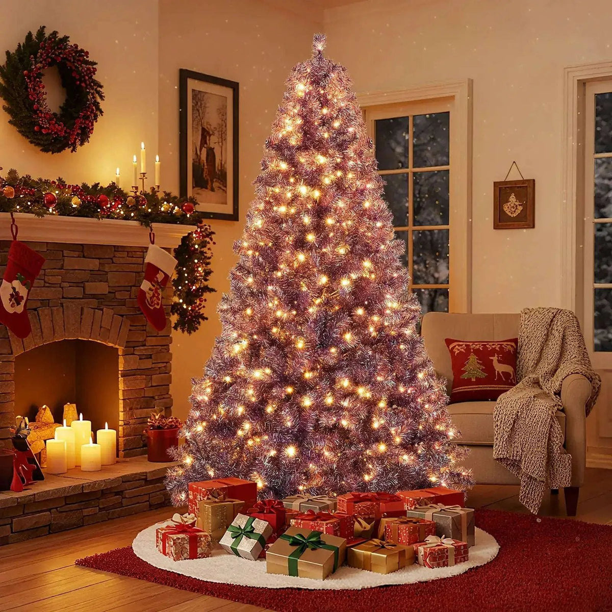 Pre-Lit Tinsel Christmas Tree Artificial Xmas Tree with Lush Branch Tips and Warm White LED Lights Cartsfy Inc.