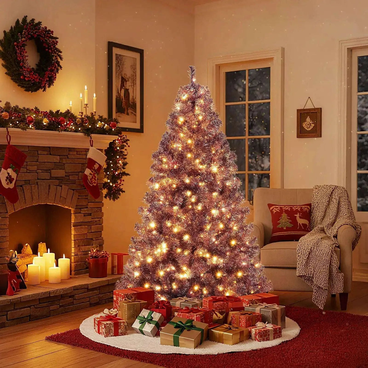 Pre-Lit Tinsel Christmas Tree Artificial Xmas Tree with Lush Branch Tips and Warm White LED Lights Cartsfy Inc.
