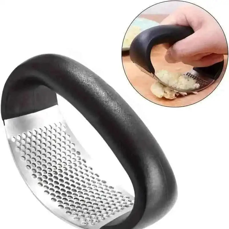 Black-handled garlic rocker press with stainless perforated grating insert
