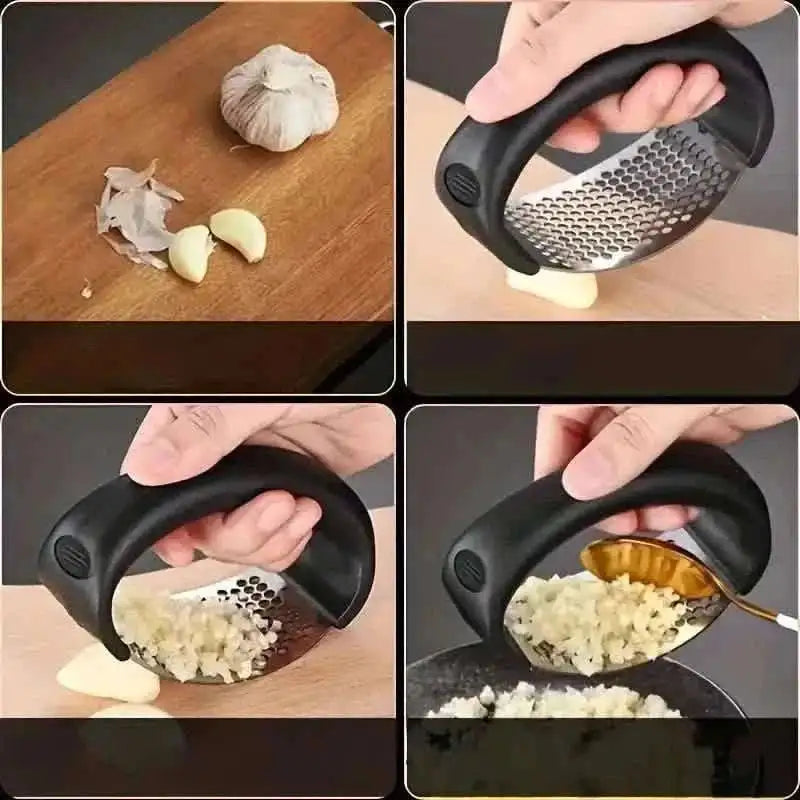 Garlic rocker press shown in multiple hands-on steps, perforated stainless insert visible