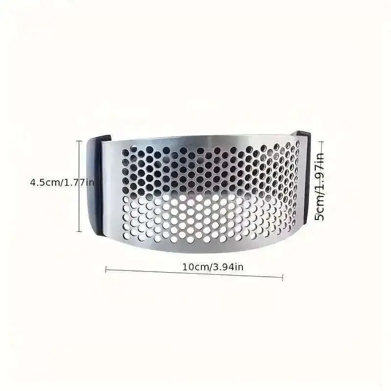 Stainless perforated garlic rocker press with black frame and shown measurements