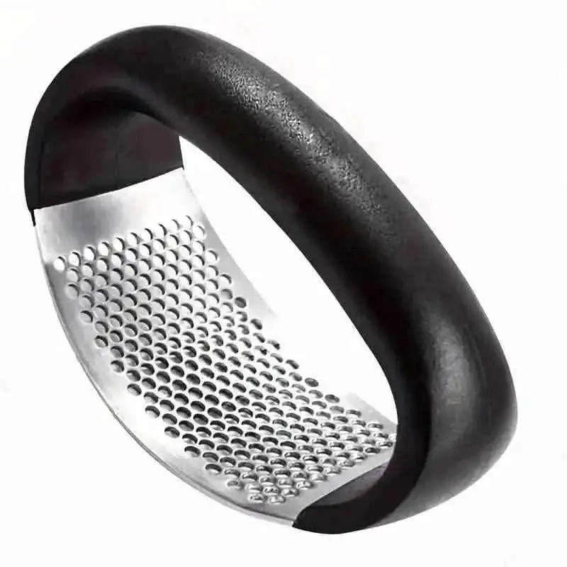 Compact garlic rocker press with black curved handle and stainless perforated grater