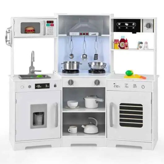 Pretend Play Kitchen Wooden Toy Set with Range Hood Real Sounds and Lights-White Cartsfy Inc.