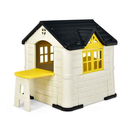 Pretend toy playhouse house set, white walls with black roof and yellow windows