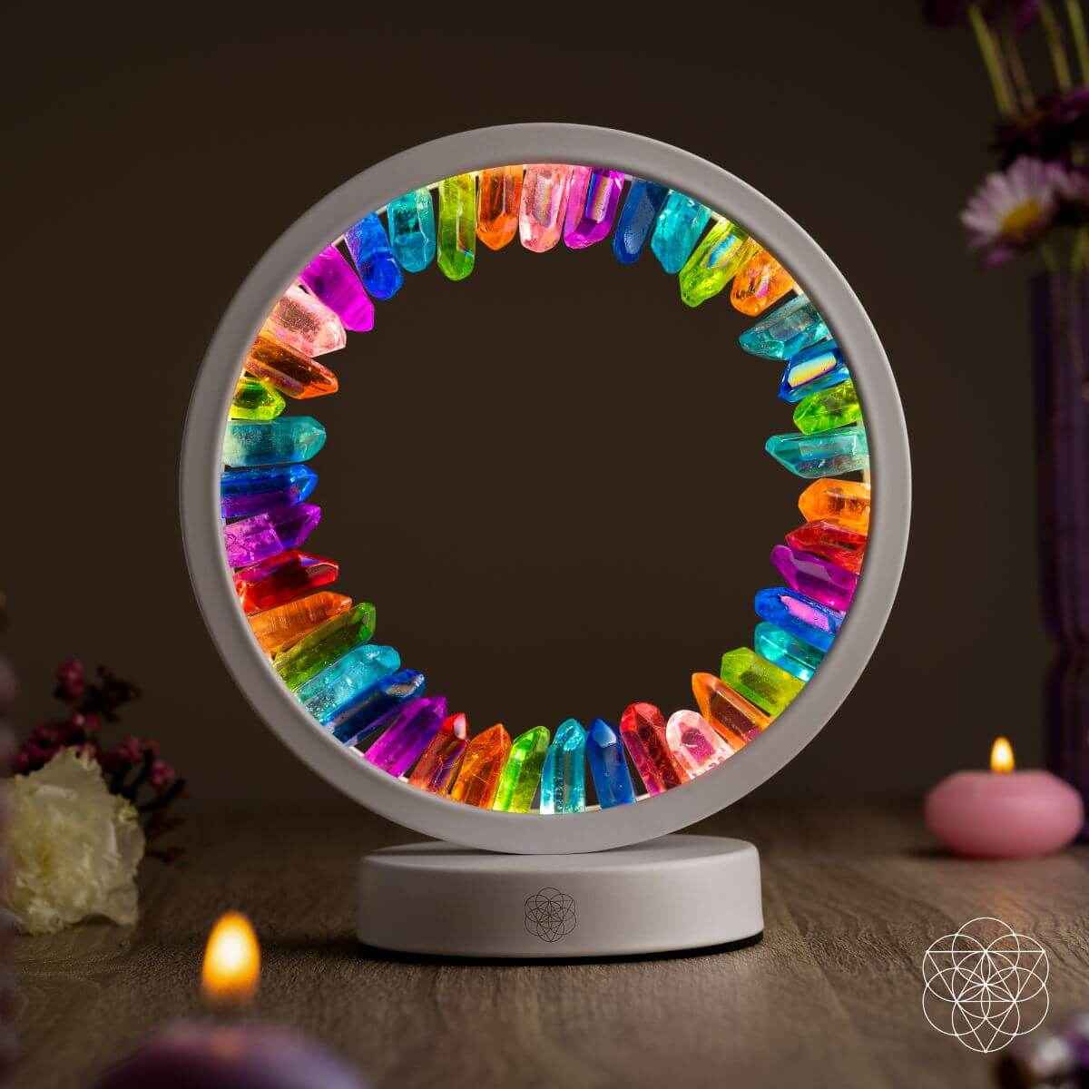 LED crystal circle light with rainbow prismatic ring on gray base