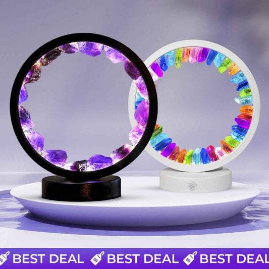 Color-changing crystal circle night light with purple multicolor ring and black base