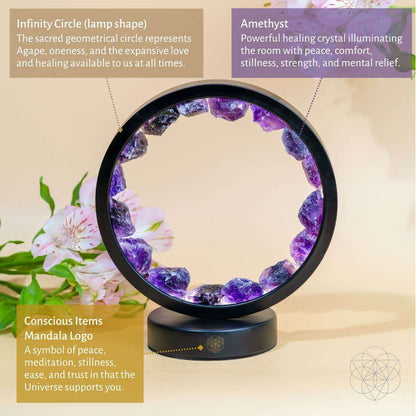 Crystal circle lamp with purple amethyst ring and dark base