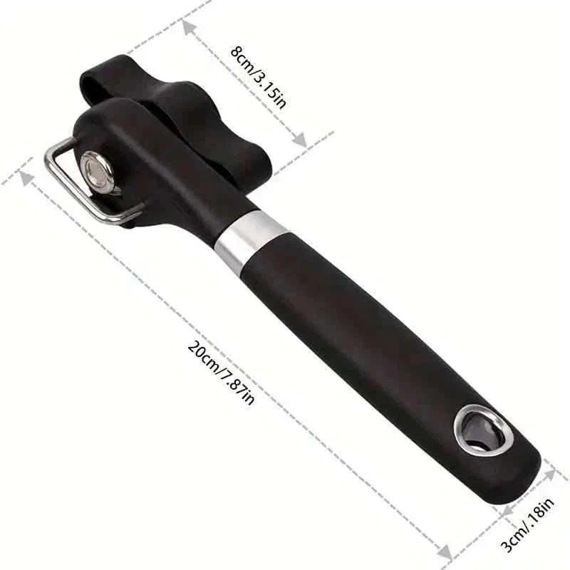 Black and silver manual can opener tool with approximate size shown above