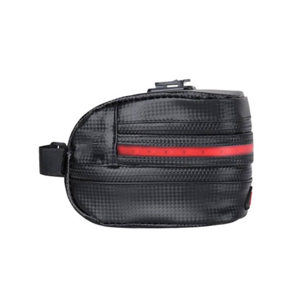 Rear bike saddle bag with red LED strip across front; textured black shell
