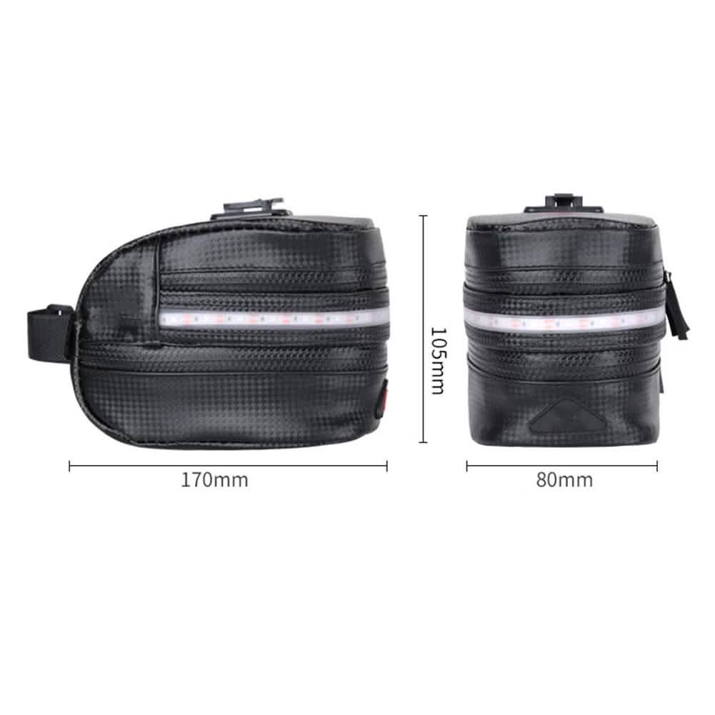 Rear bike saddle bag with red LED strip; textured black double-zip front pocket