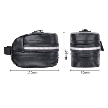 Rear bike saddle bag with red LED strip; textured black double-zip front pocket