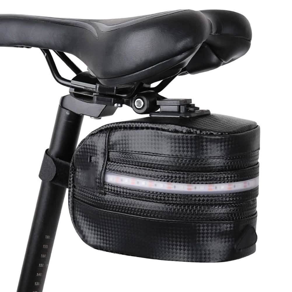 Rear bike saddle bag with red LED light window on front pocket