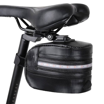 Rear bike saddle bag with red LED light window on front pocket