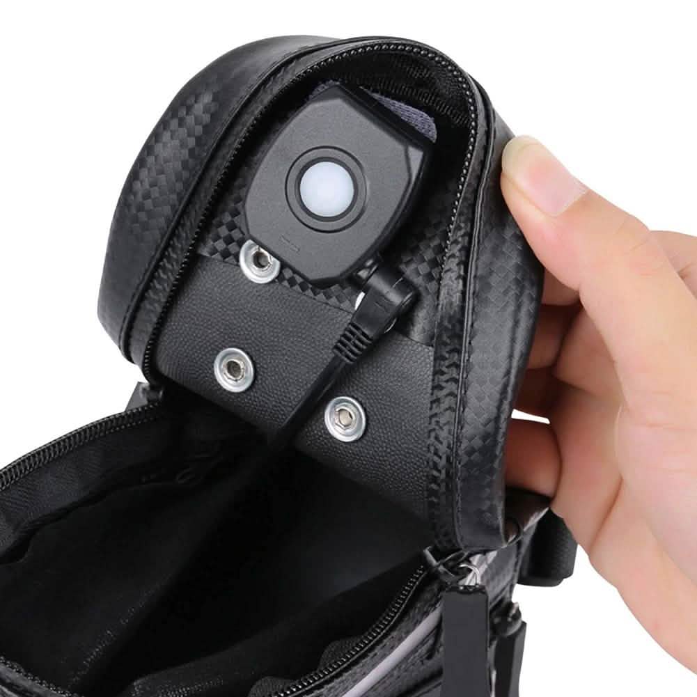 Rear bike saddle bag close-up: black strap and LED light module with round lens