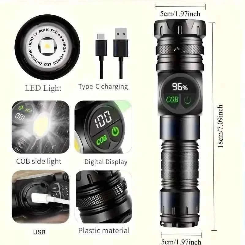 Rechargeable LED flashlight set with USB Type-C cable and COB side light