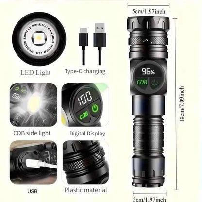 Rechargeable LED flashlight set with USB Type-C cable and COB side light