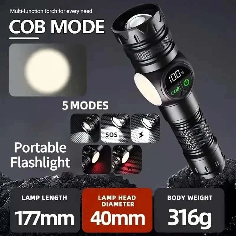 Rechargeable LED flashlight showing COB mode and 5 lighting modes on display