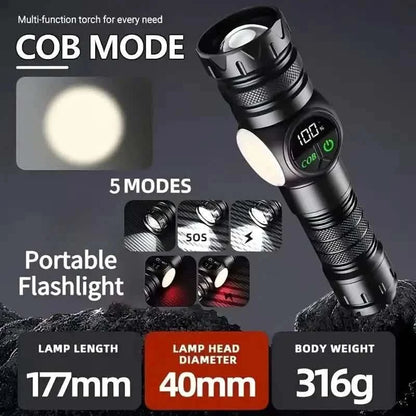 Rechargeable LED flashlight showing COB mode and 5 lighting modes on display