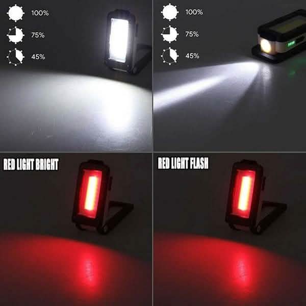 Rechargeable LED outdoor light showing white brightness and red light flash modes