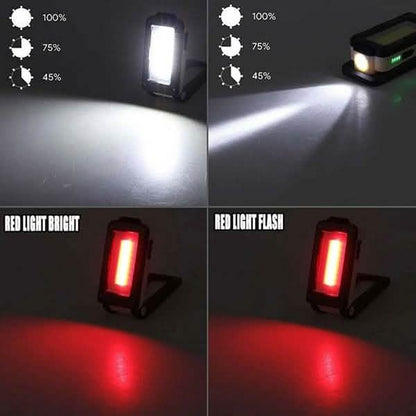 Rechargeable LED outdoor light showing white brightness and red light flash modes