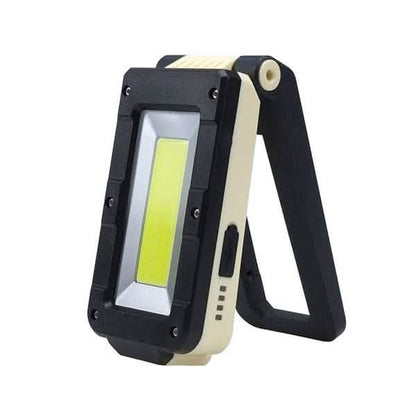 Black rechargeable folding LED light with triangular stand and hanging hook