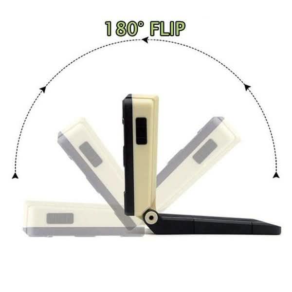 Rechargeable magnetic folding LED outdoor light with two white side panels and black base
