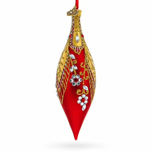 Red and Gold Jewel-Encrusted Elongated Pointed Teardrop Finial Glass Christmas Ornament Cartsfy Inc.
