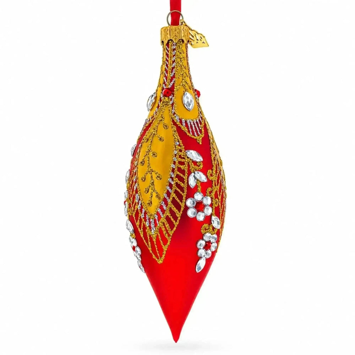 Red and Gold Jewel-Encrusted Elongated Pointed Teardrop Finial Glass Christmas Ornament Cartsfy Inc.