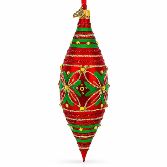 Red and Green Glitter Jeweled Elongated Pointed Teardrop Finial Glass Christmas Ornament Cartsfy Inc.