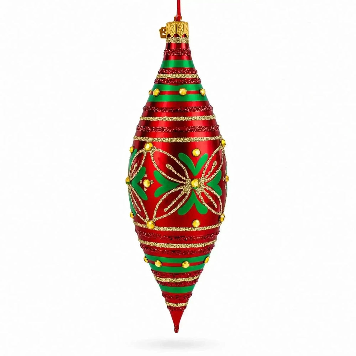 Red and Green Glitter Jeweled Elongated Pointed Teardrop Finial Glass Christmas Ornament Cartsfy Inc.