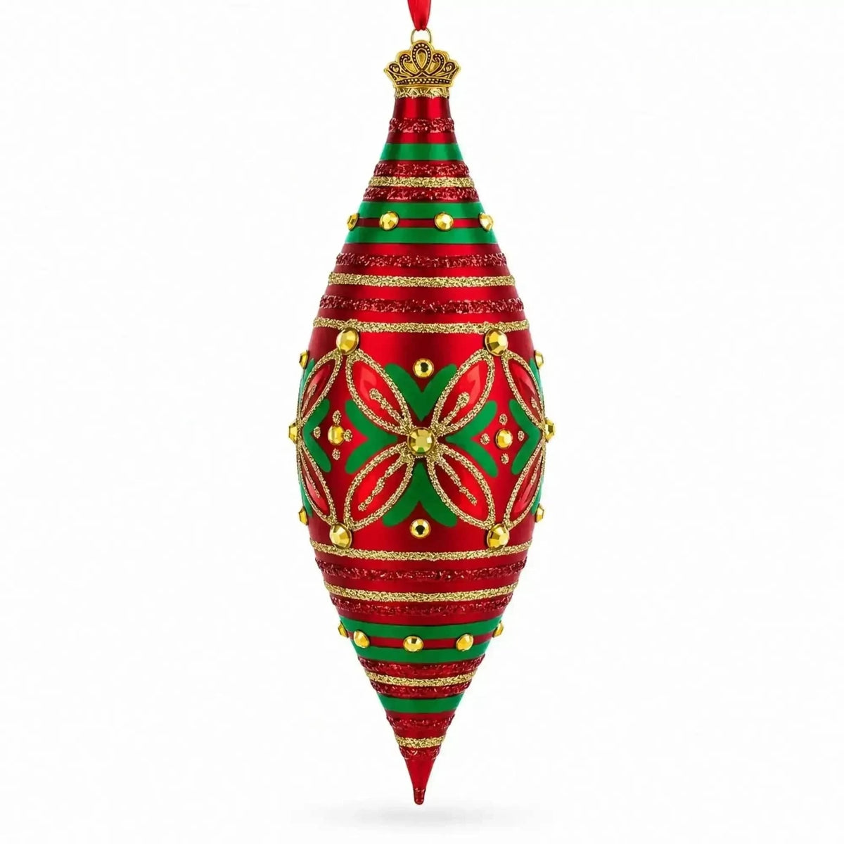 Red and Green Glitter Jeweled Elongated Pointed Teardrop Finial Glass Christmas Ornament Cartsfy Inc.