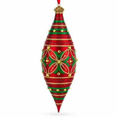 Red and Green Glitter Jeweled Elongated Pointed Teardrop Finial Glass Christmas Ornament Cartsfy Inc.