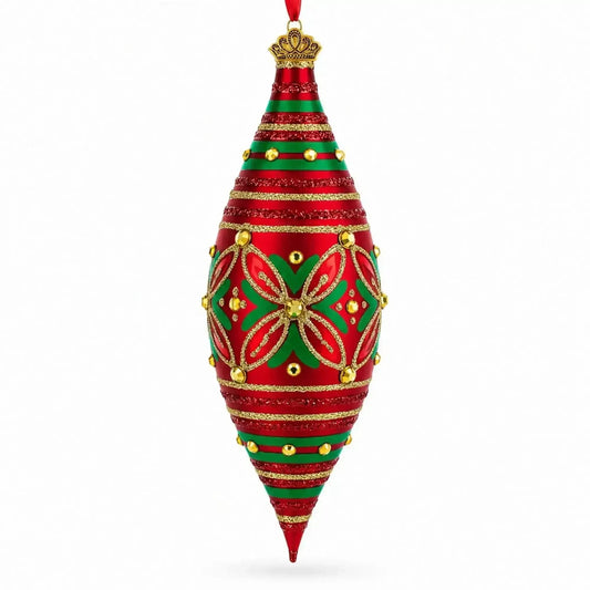 Red and Green Glitter Jeweled Elongated Pointed Teardrop Finial Glass Christmas Ornament Cartsfy Inc.
