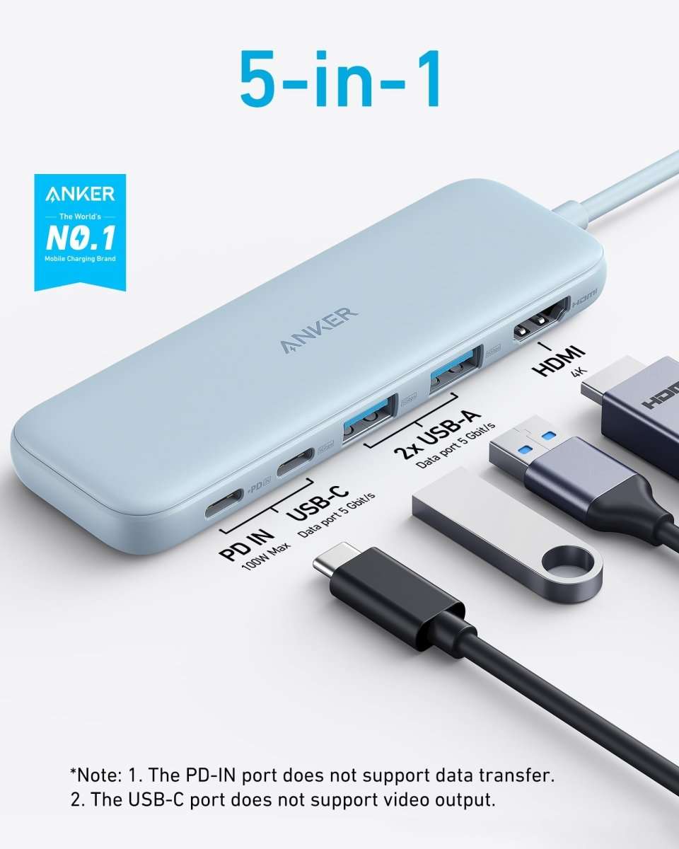 Refurbished Anker <b>332</b> USB-C Hub (5-in-1) Anker Black Misty Blue Black-Misty Blue-