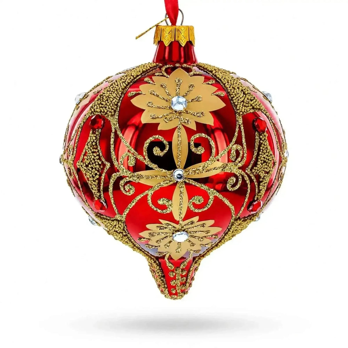 Regal Red & Gold Scrollwork Jeweled Onion-Shape Finial Glass Christmas Ornament Cartsfy Inc.