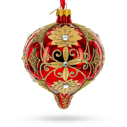 Regal Red & Gold Scrollwork Jeweled Onion-Shape Finial Glass Christmas Ornament Cartsfy Inc.