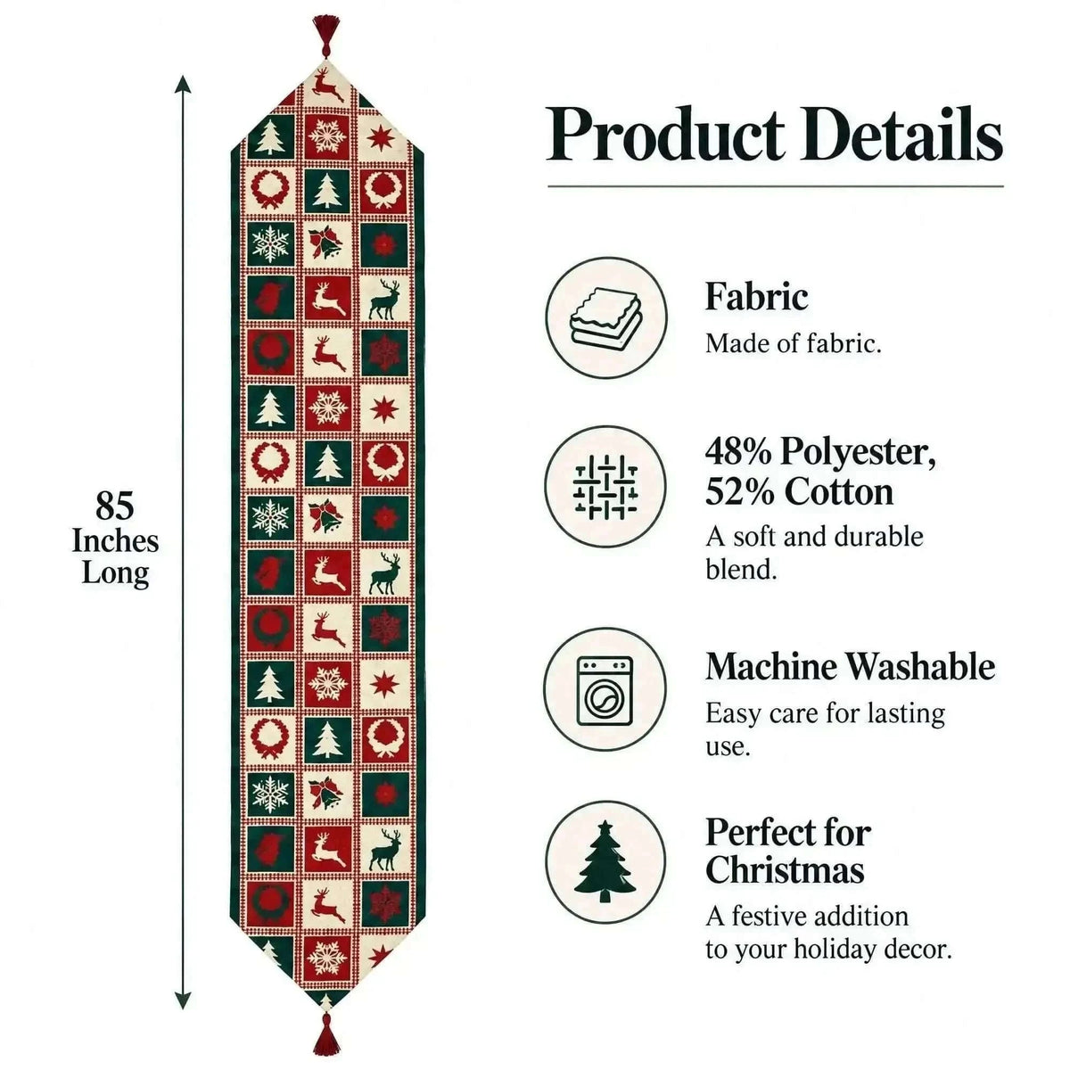 Reindeer Square Patterns Christmas Tablecloth Holiday Runner - 75 Inches Cartsfy Inc.