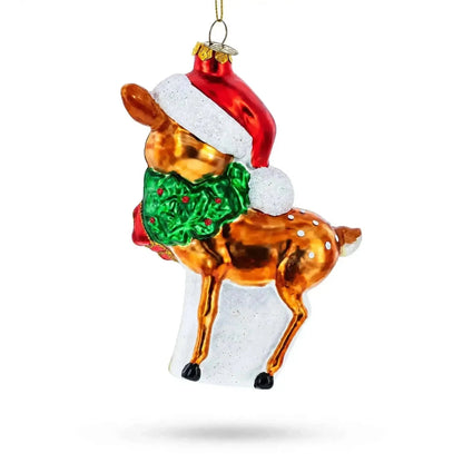 Reindeer with Santa Hat Glass Christmas Ornament Cartsfy Inc.