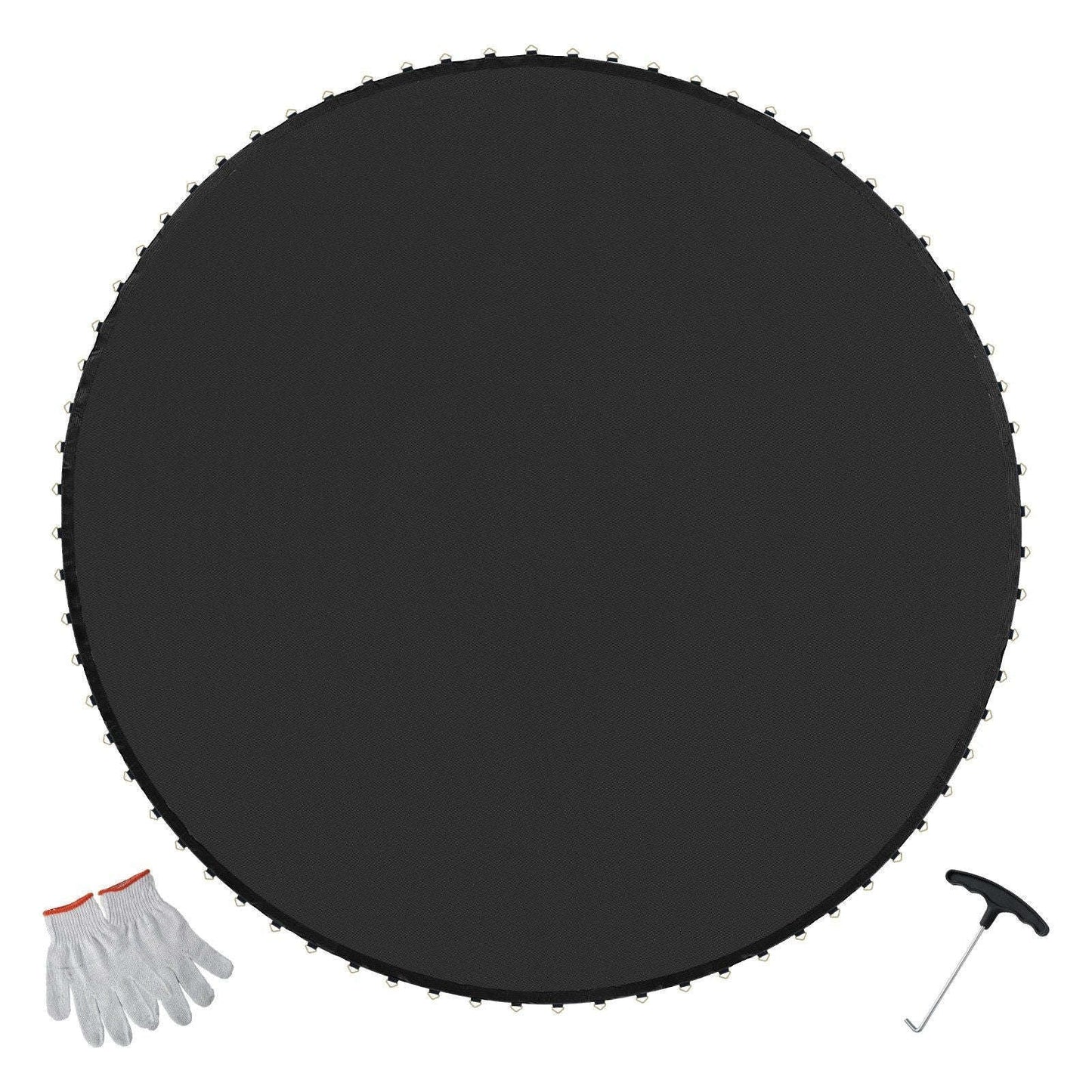 Round black trampoline replacement mat with V-ring attachment loops around edge
