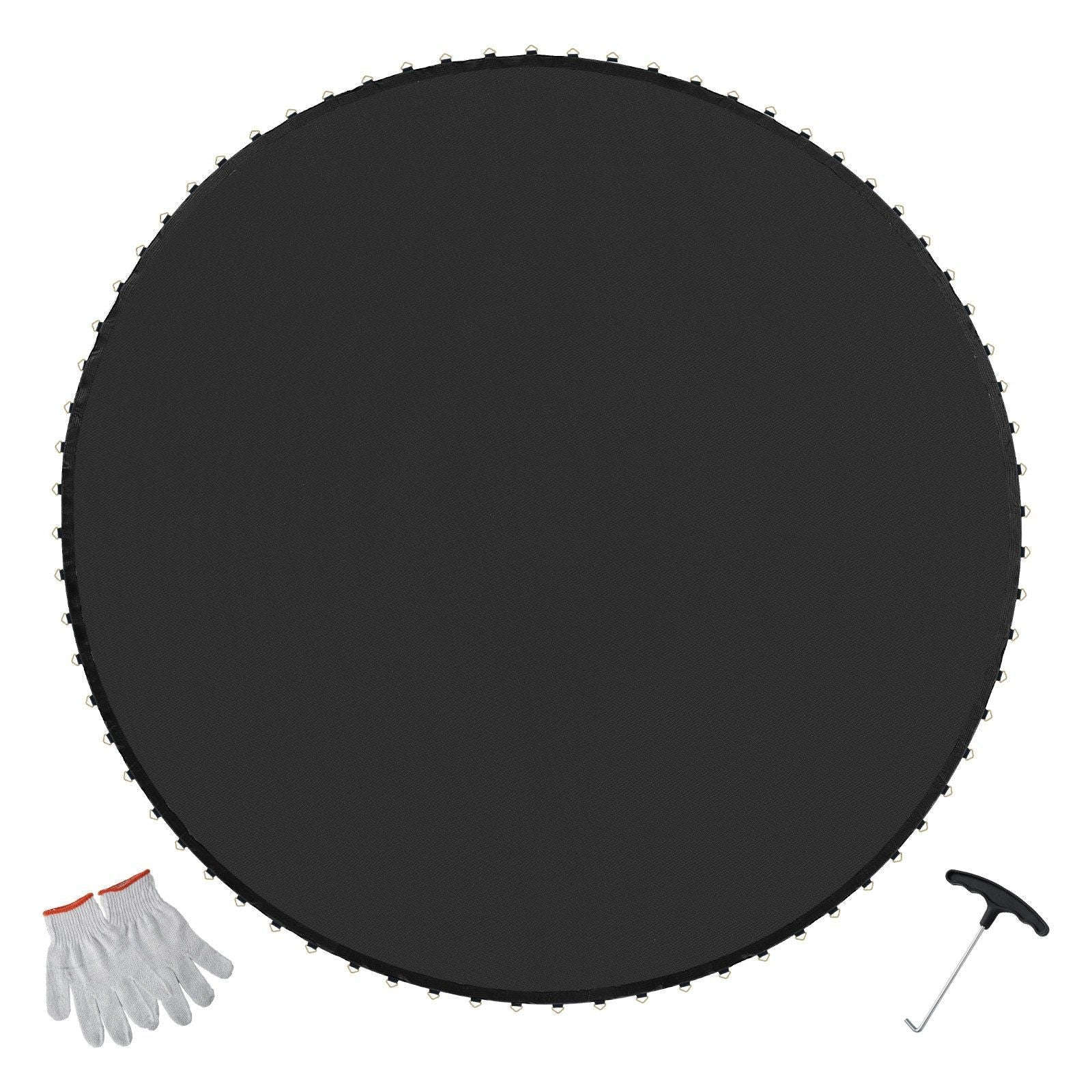 Round black trampoline replacement mat with V-ring attachment loops around edge