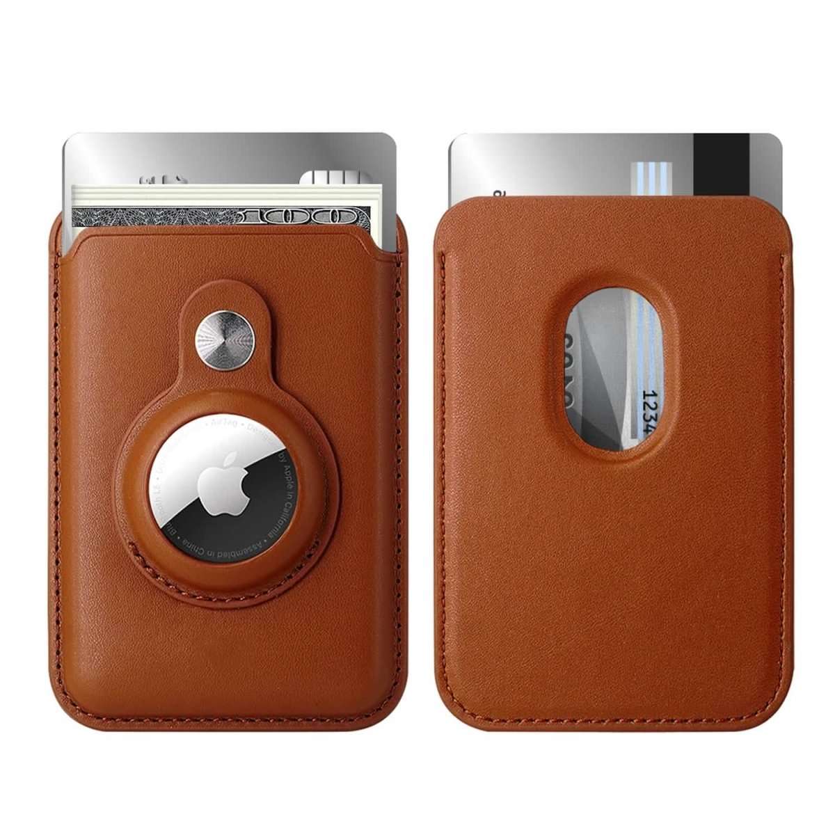 Brown card wallet holder with MagSafe snap, round AirTag pocket, RFID card storage.