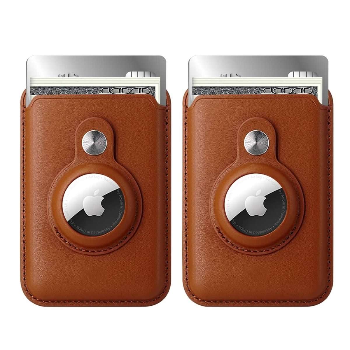 Brown card wallet holder with MagSafe snap and round AirTag pocket, front view.