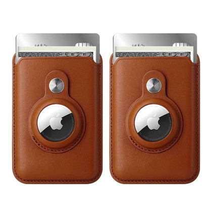 Brown card wallet holder with MagSafe snap and round AirTag pocket, front view.