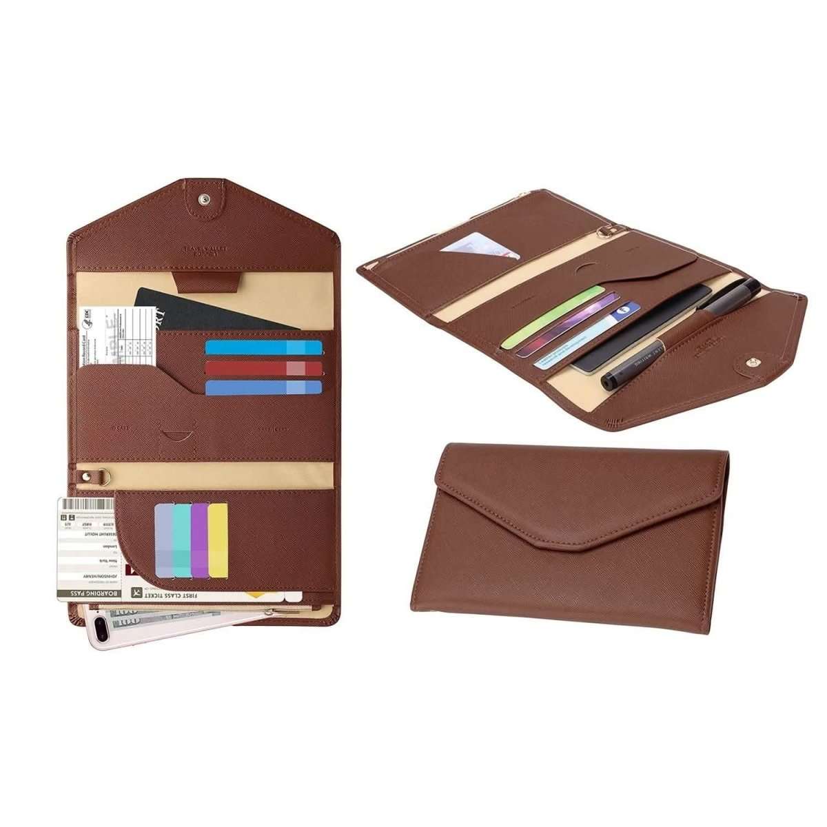 Brown passport organizer wallet with card slots and document pockets, fold-over snap