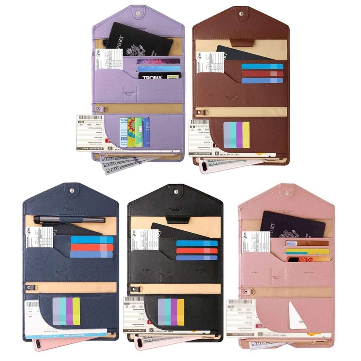 Assorted passport organizer wallets in purple, brown, navy, and pink with card slots