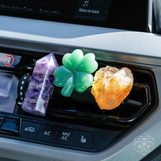 Car air vent crystal kit: purple tower, green clover, orange crystal on vent